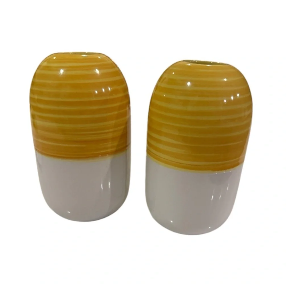 IKEA Knaprig Stoneware Beehive Cylinder Vases in Yellow and White Vintage